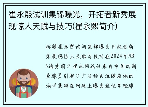 崔永熙试训集锦曝光，开拓者新秀展现惊人天赋与技巧(崔永熙简介)